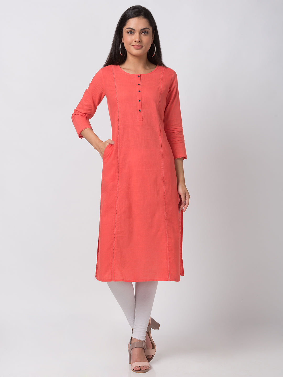 Women Straight Three-Fourth Coral Kurta
