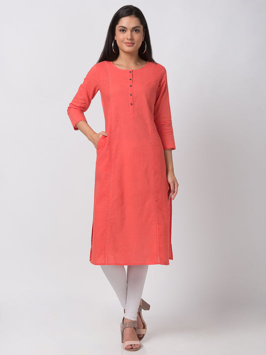 Women Straight Three-Fourth Coral Kurta