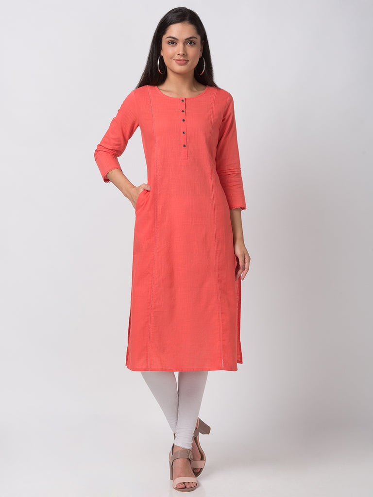 Women Straight Three-Fourth Coral Kurta