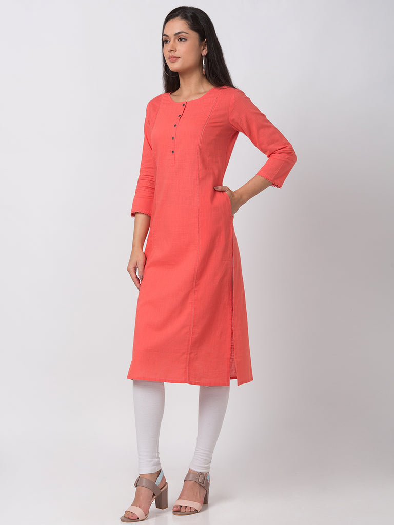 Women Straight Three-Fourth Coral Kurta