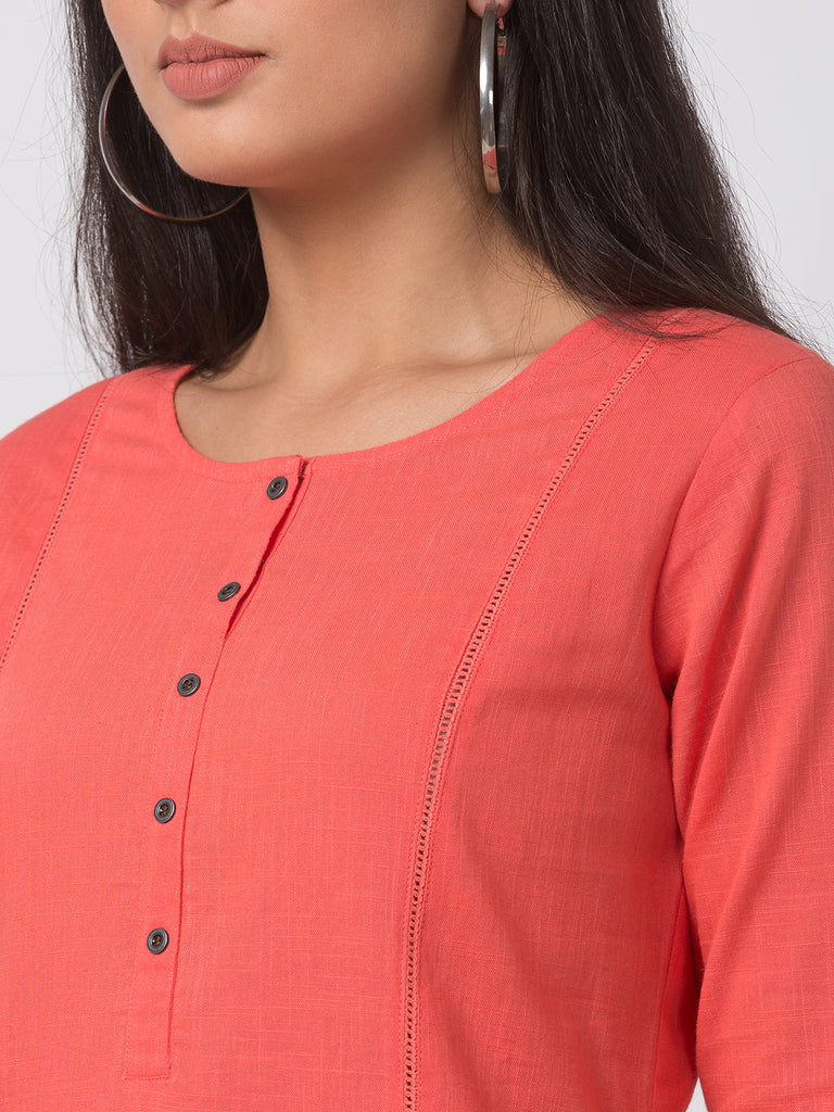Women Straight Three-Fourth Coral Kurta