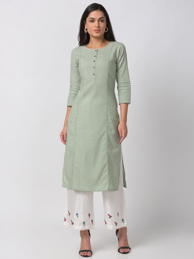 Women Straight Three-Fourth Mint Green Kurta