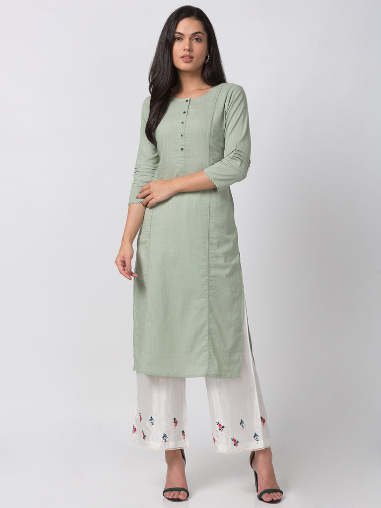 Women Straight Three-Fourth Mint Green Kurta