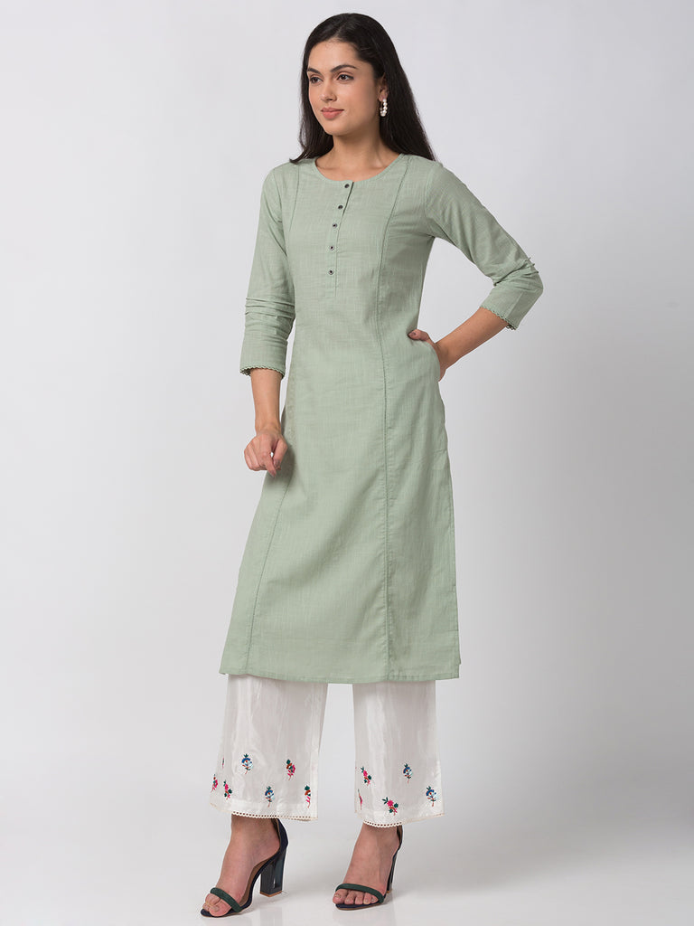 Women Straight Three-Fourth Mint Green Kurta