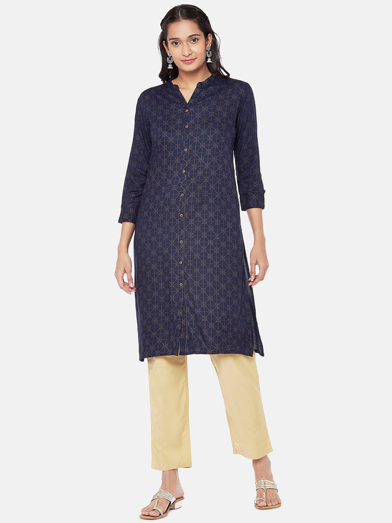 Viscose Rayon Three-Fourth Straight Women Navy Kurta