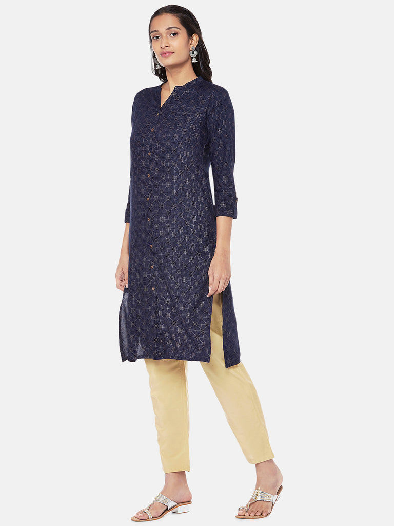 Viscose Rayon Three-Fourth Straight Women Navy Kurta