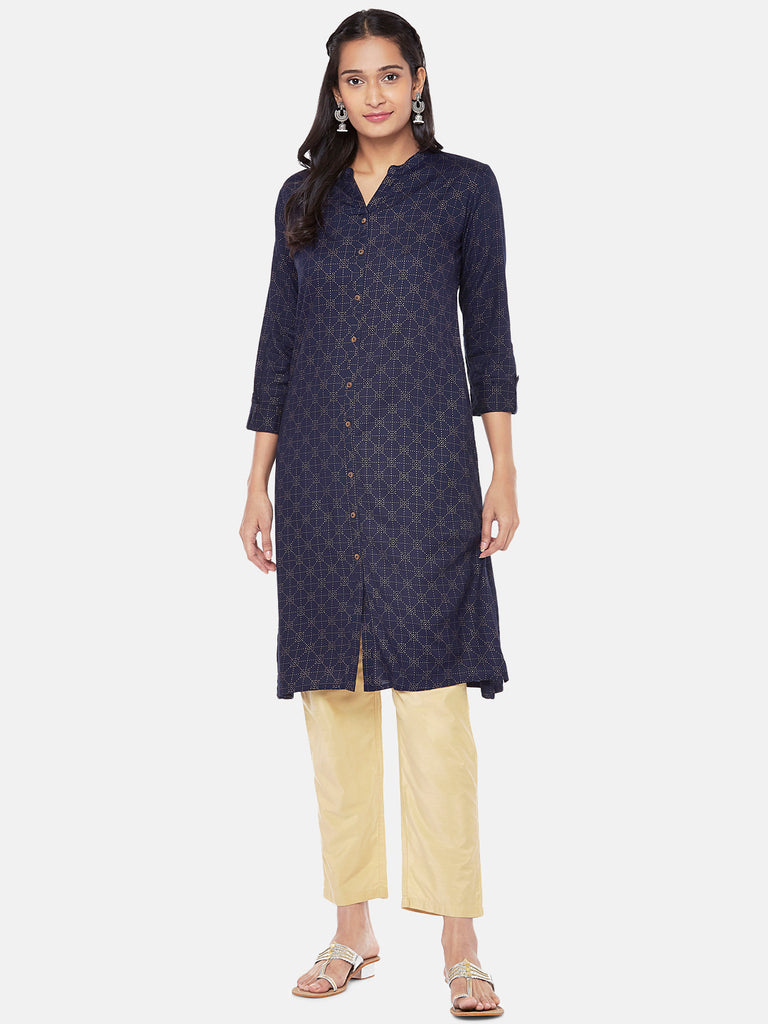Viscose Rayon Three-Fourth Straight Women Navy Kurta