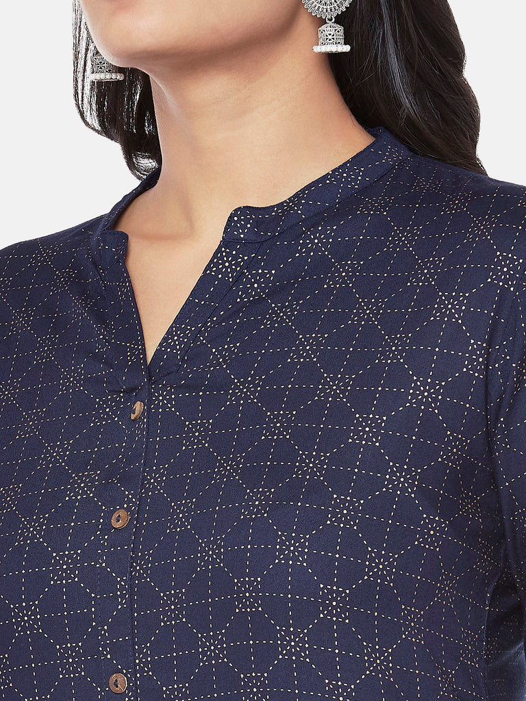 Viscose Rayon Three-Fourth Straight Women Navy Kurta