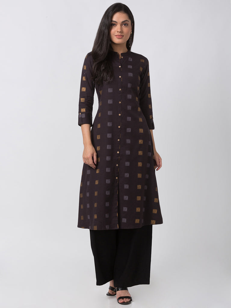 Women Straight Three-Fourth Black Kurta