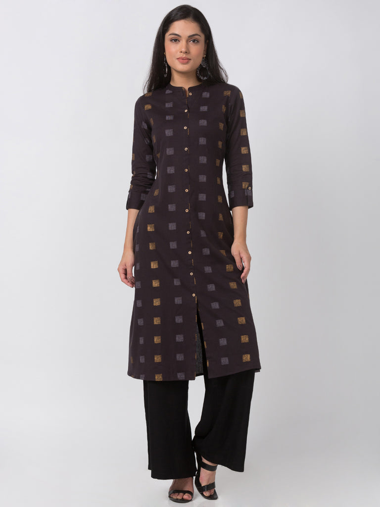 Women Straight Three-Fourth Black Kurta