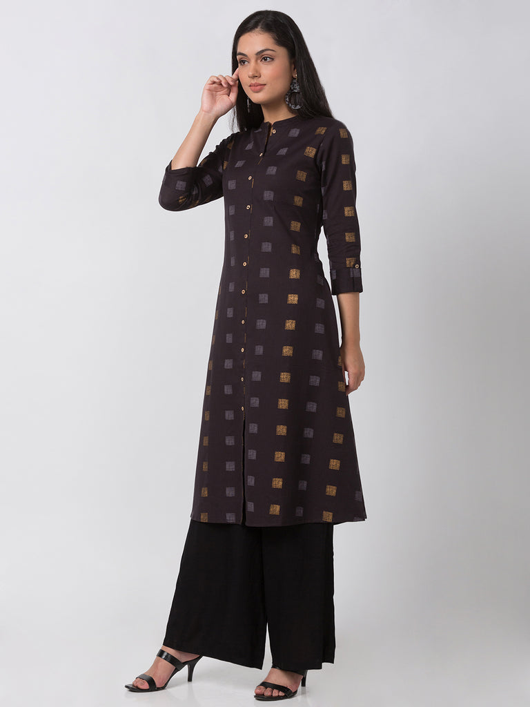 Women Straight Three-Fourth Black Kurta