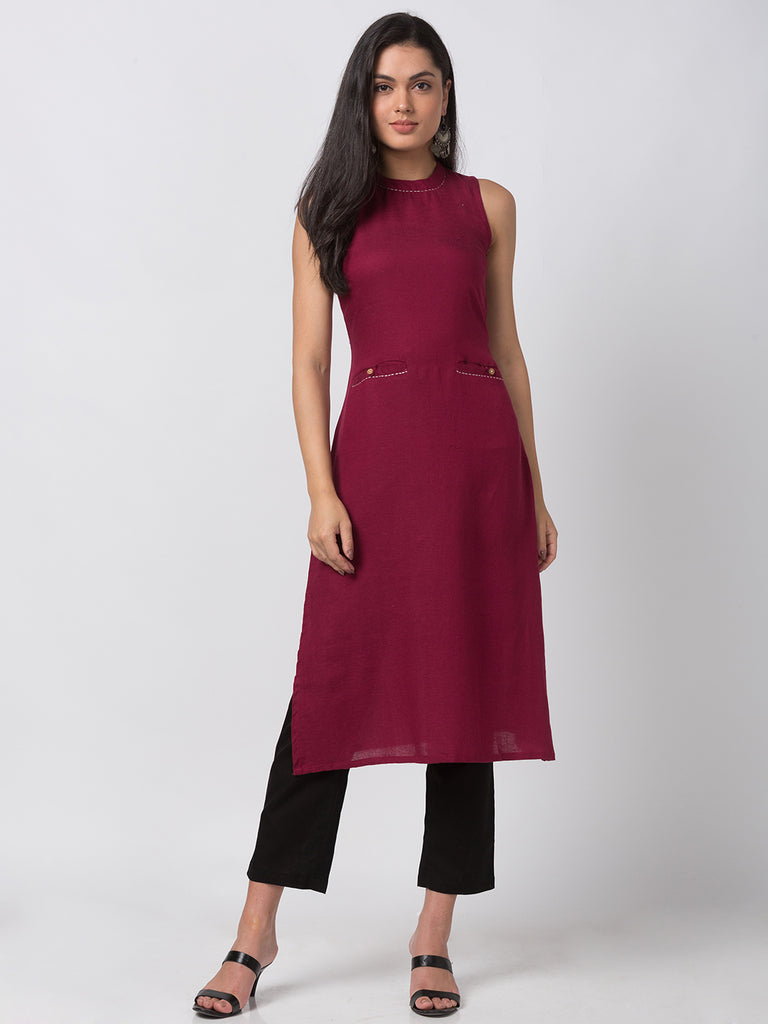 Women A Line Sleeveless Beet Red Kurta