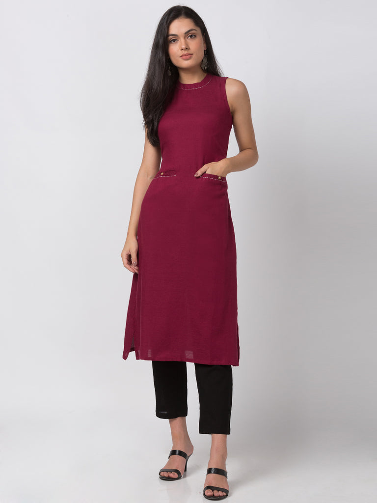 Women A Line Sleeveless Beet Red Kurta