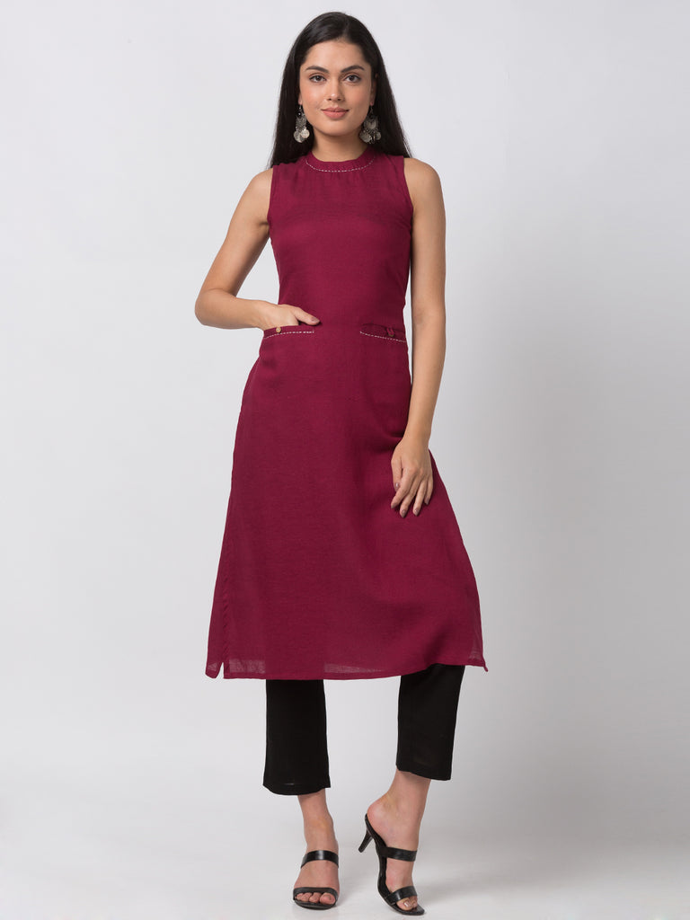 Women A Line Sleeveless Beet Red Kurta