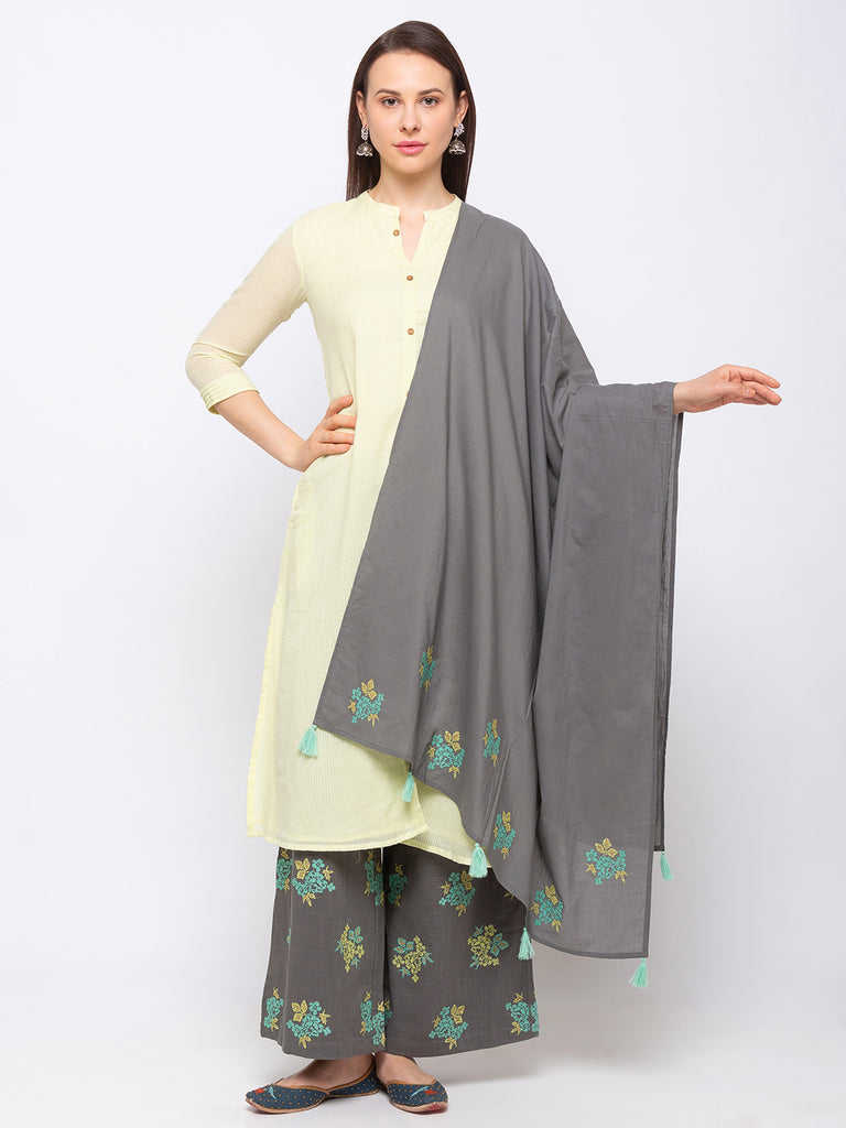 Core Cotton Women Grey Palazzo And Dupatta Set