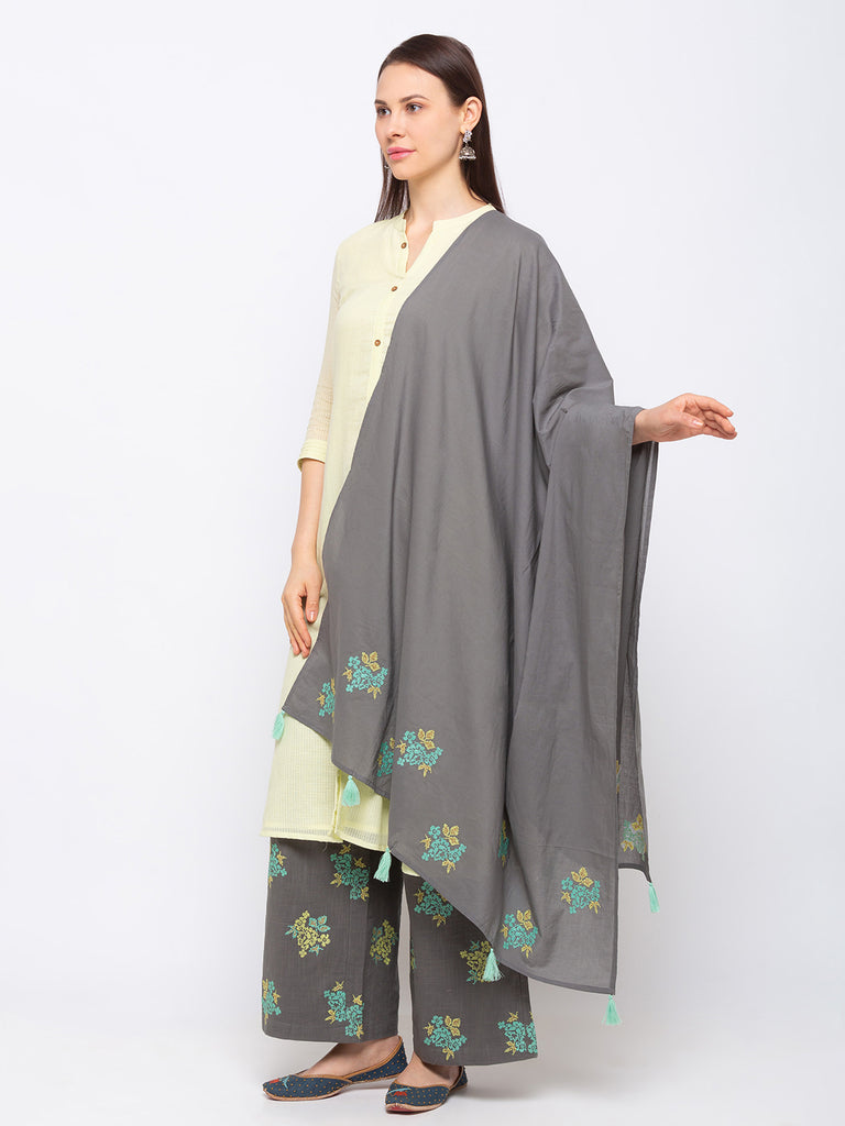 Core Cotton Women Grey Palazzo And Dupatta Set