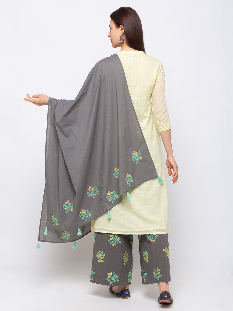 Core Cotton Women Grey Palazzo And Dupatta Set