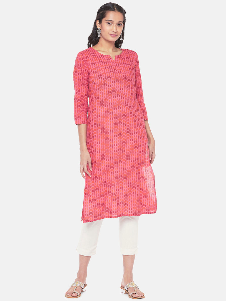 Cotton Three-Fourth Straight Women Fuschia Kurta