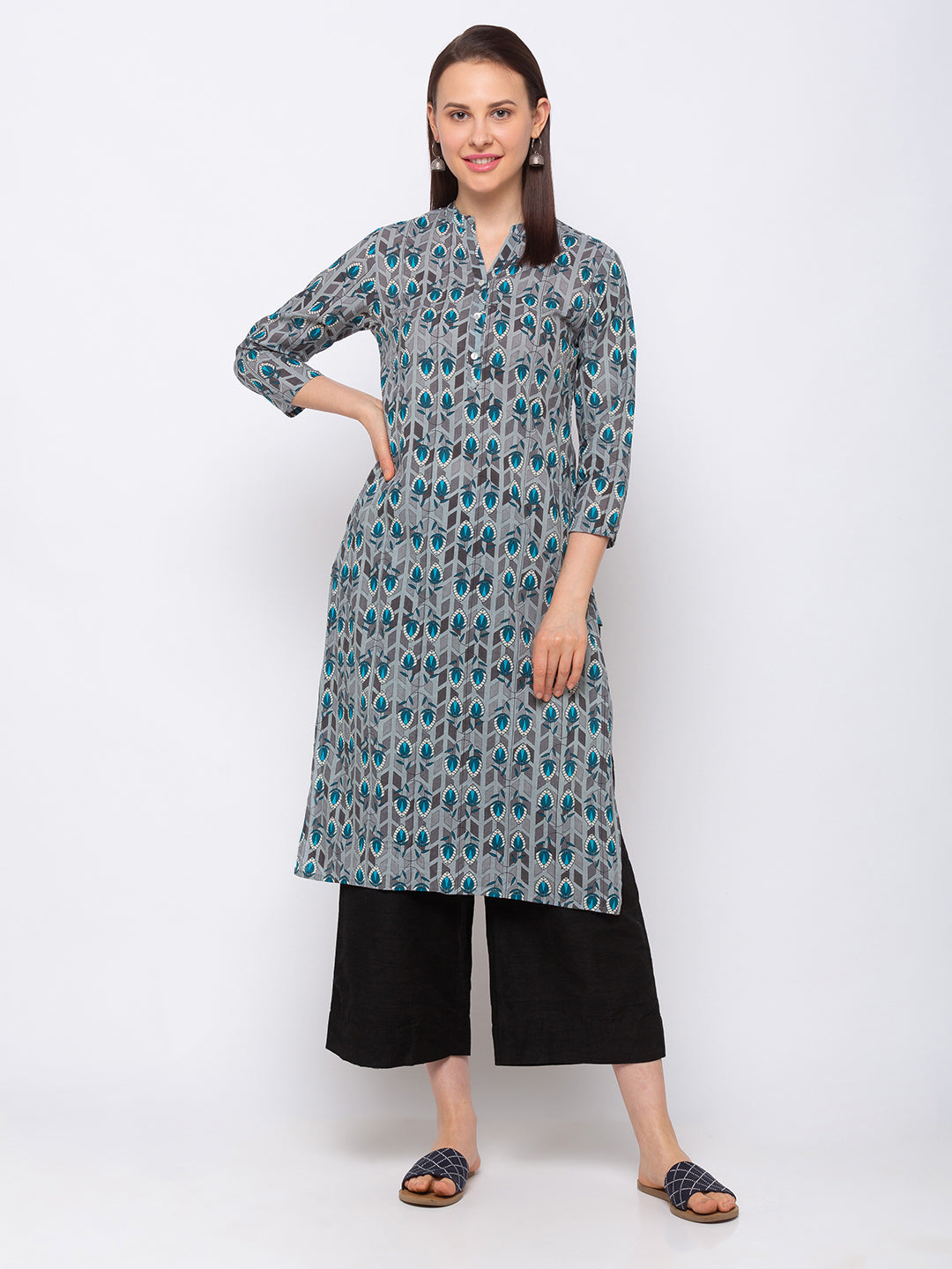 Casual Cotton Women Grey Kurta