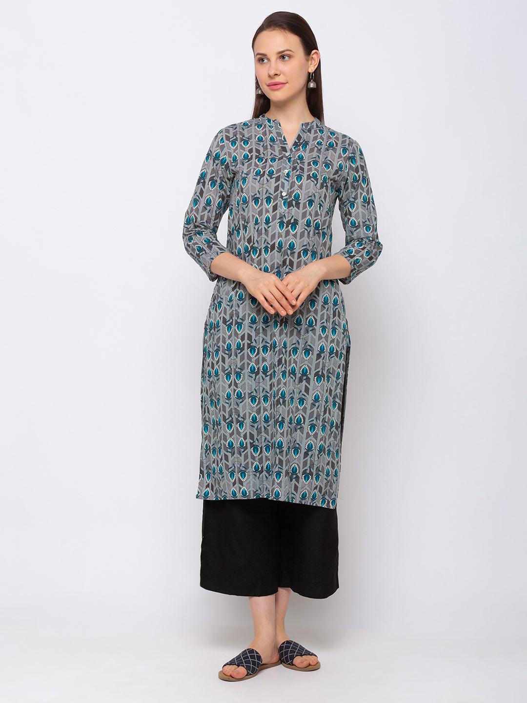 Casual Cotton Women Grey Kurta