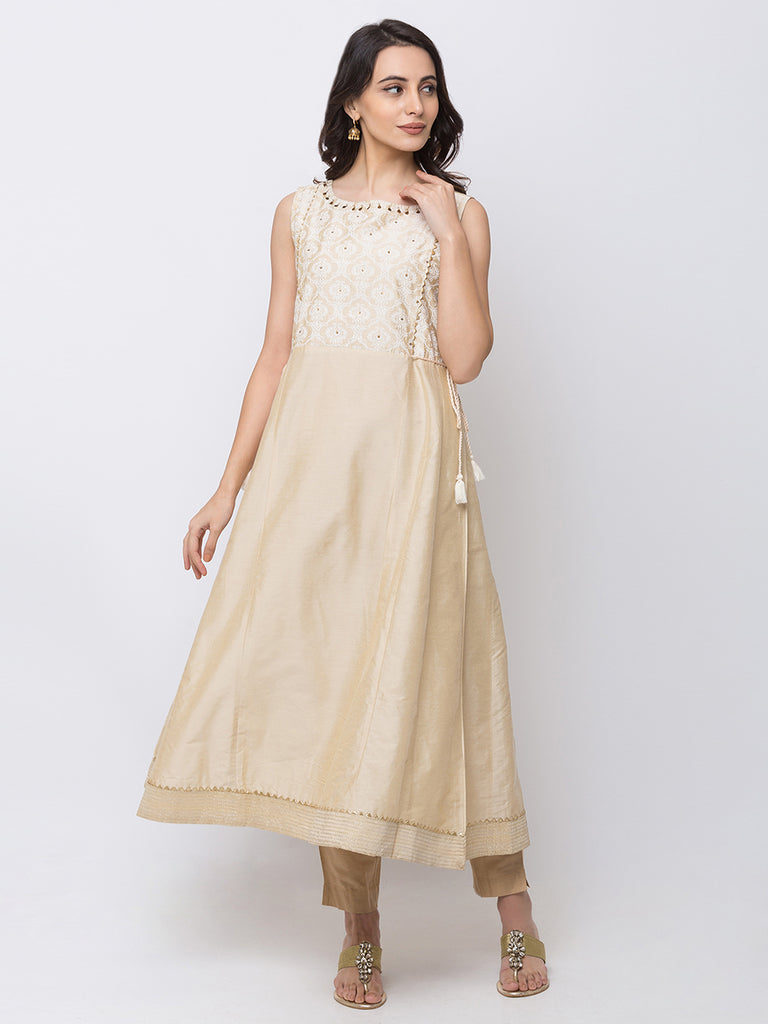 Women Flared Sleeveless Beige Kurta