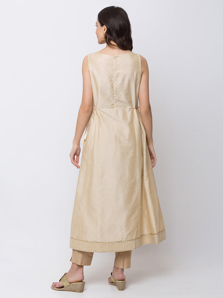 Women Flared Sleeveless Beige Kurta