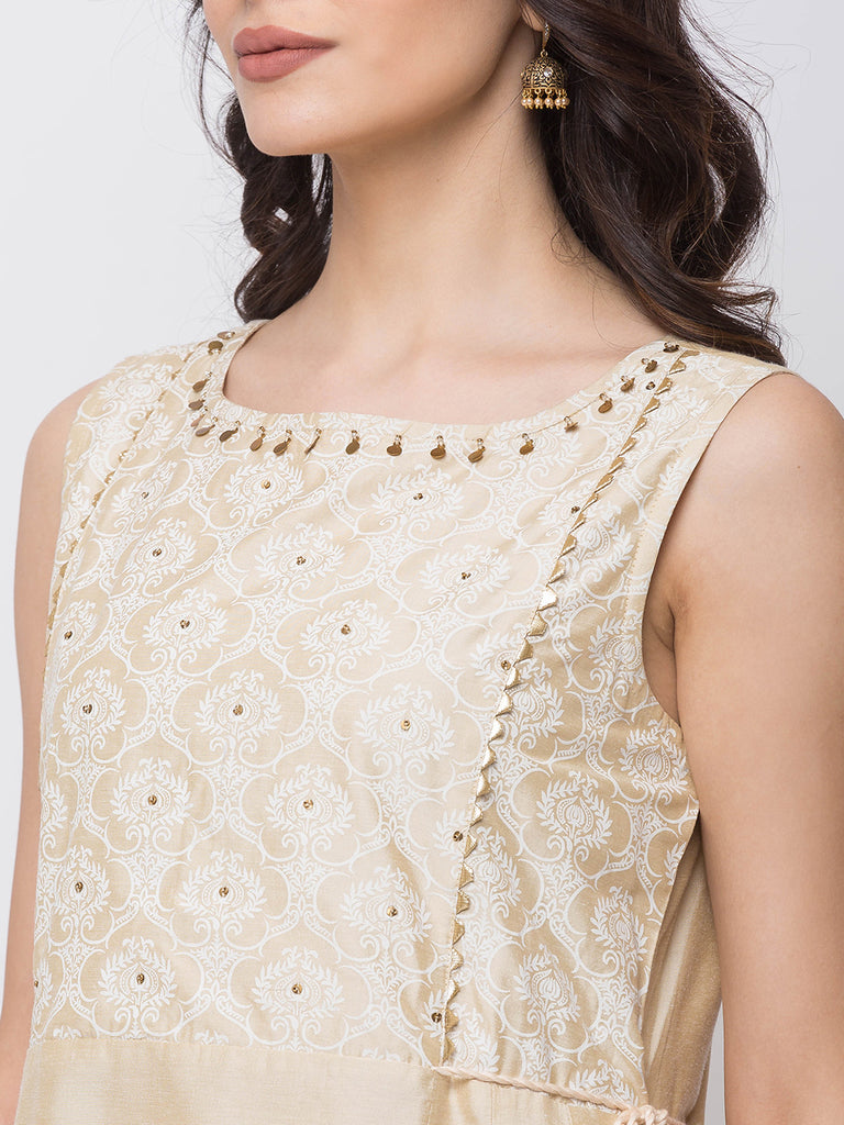 Women Flared Sleeveless Beige Kurta