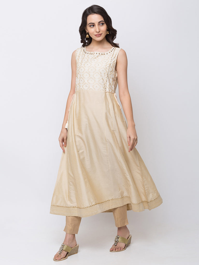 Women Flared Sleeveless Beige Kurta