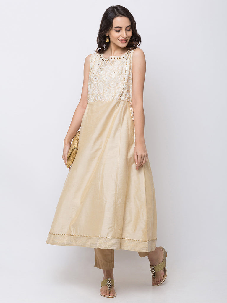 Women Flared Sleeveless Beige Kurta