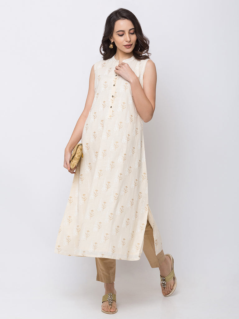 Women A Line Sleeveless Beige Kurta