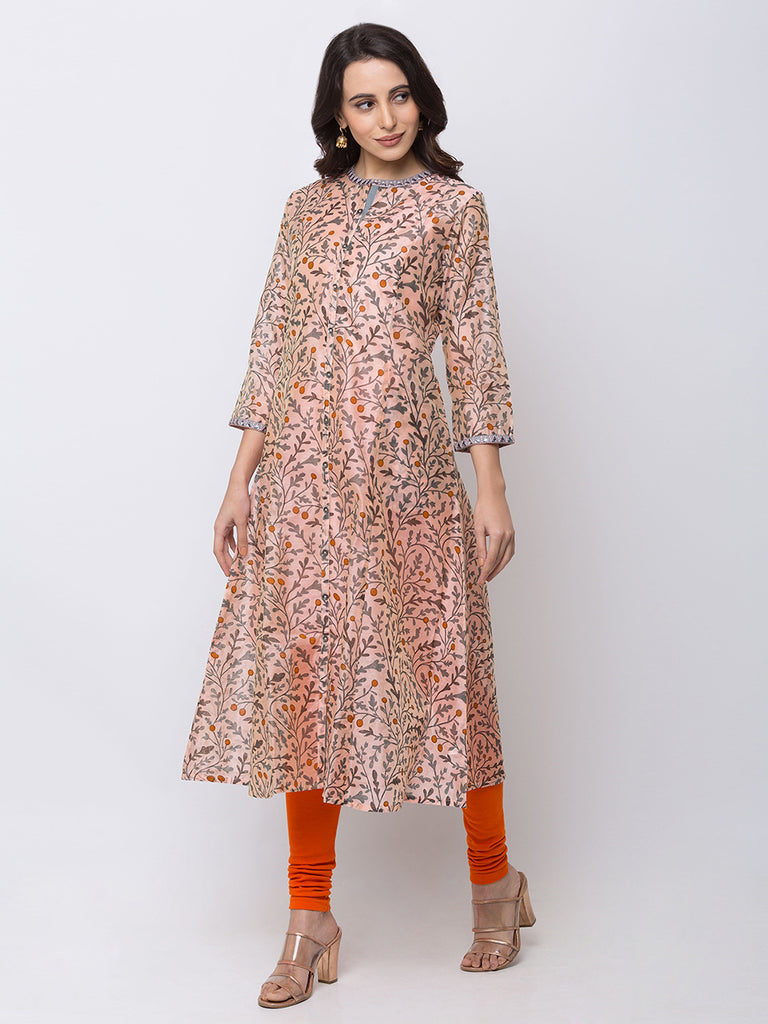 Women A Line Three-Fourth Peach Kurta