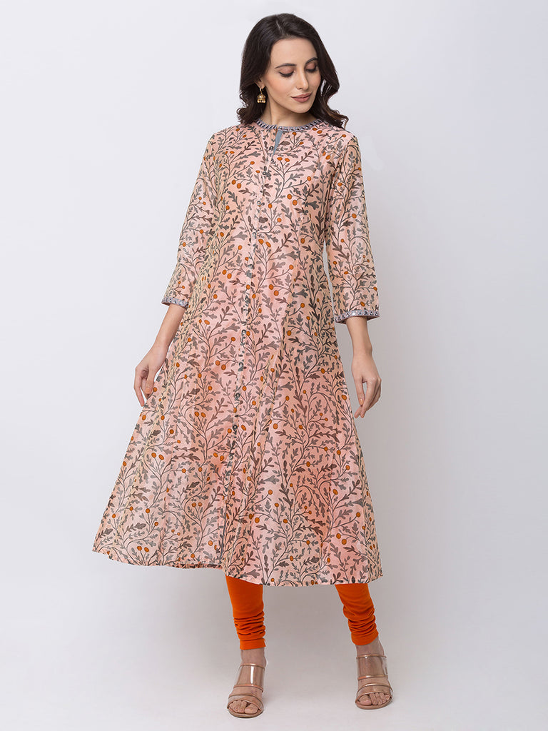 Women A Line Three-Fourth Peach Kurta