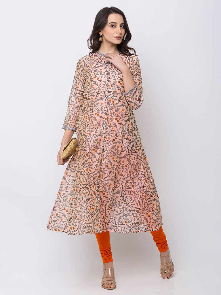 Women A Line Three-Fourth Peach Kurta