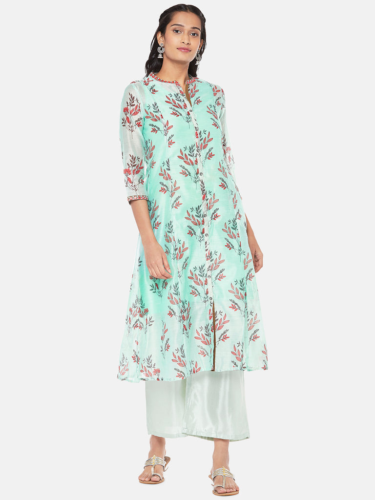 Chanderi Silk Three-Fourth A Line Women Powder Blue Kurta