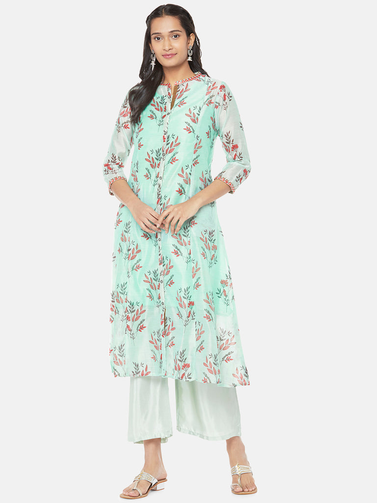 Chanderi Silk Three-Fourth A Line Women Powder Blue Kurta