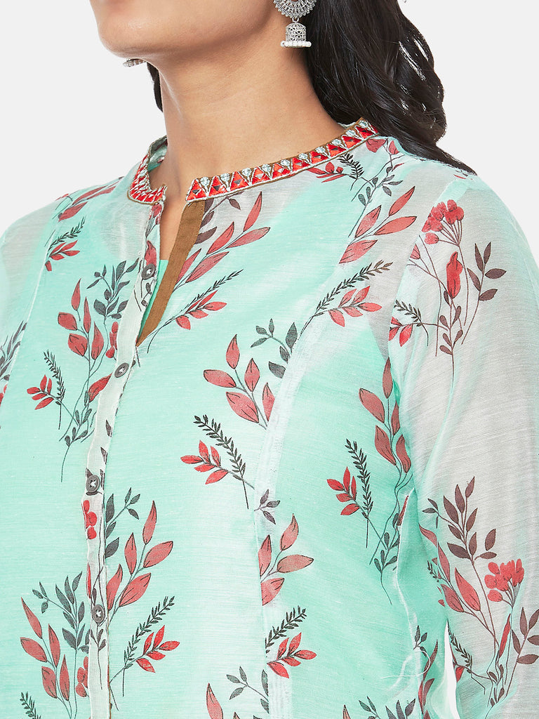 Chanderi Silk Three-Fourth A Line Women Powder Blue Kurta