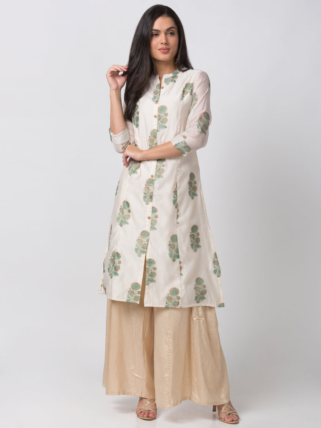 Women A Line Three-Fourth Off White Kurta