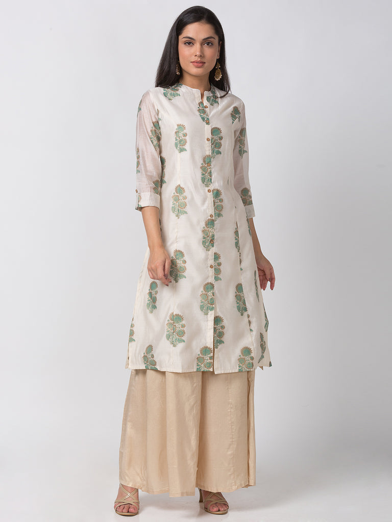 Women A Line Three-Fourth Off White Kurta