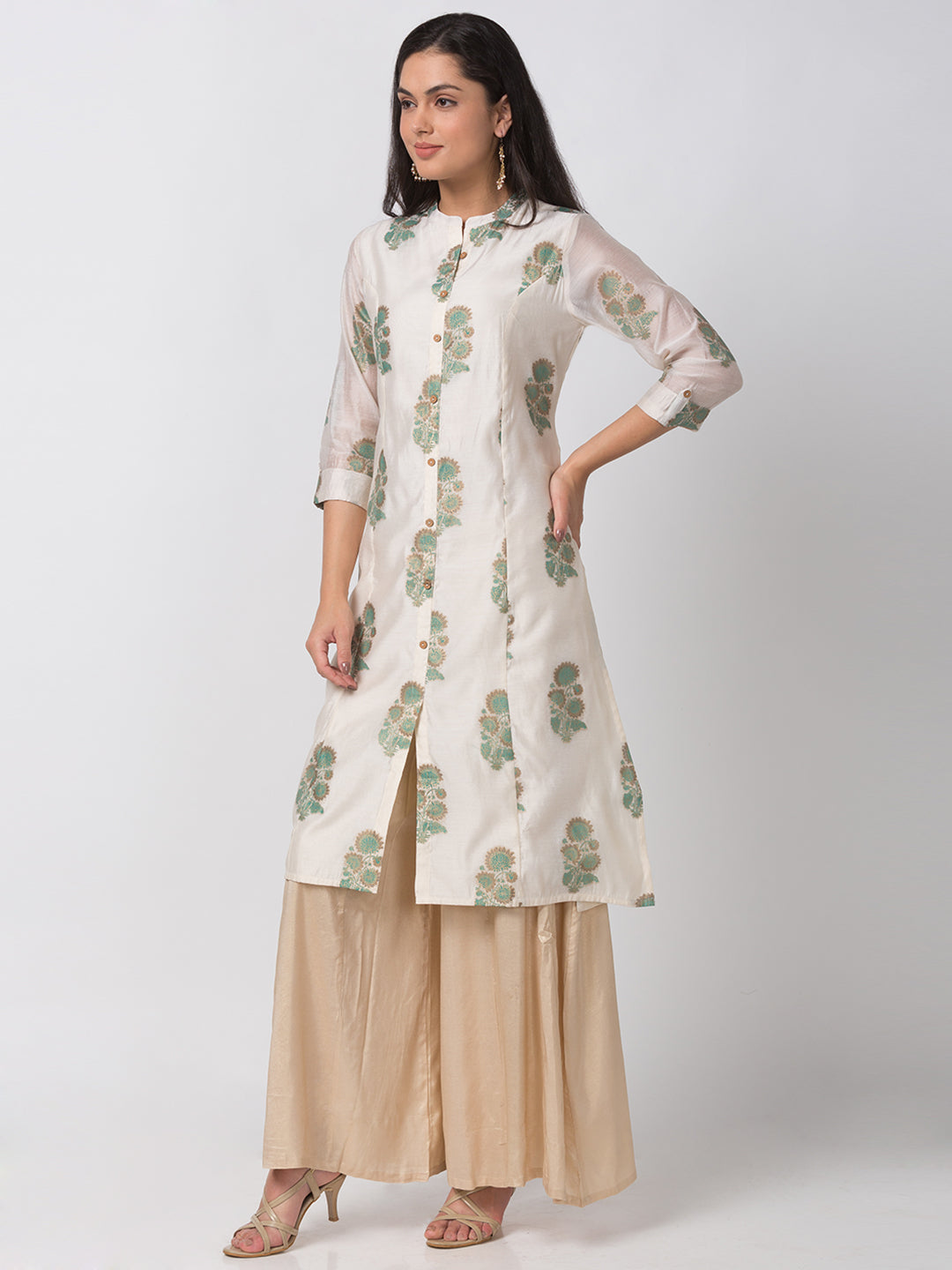 Women A Line Three-Fourth Off White Kurta