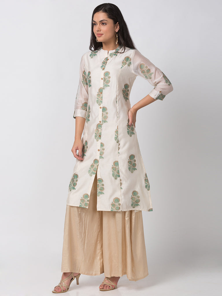 Women A Line Three-Fourth Off White Kurta