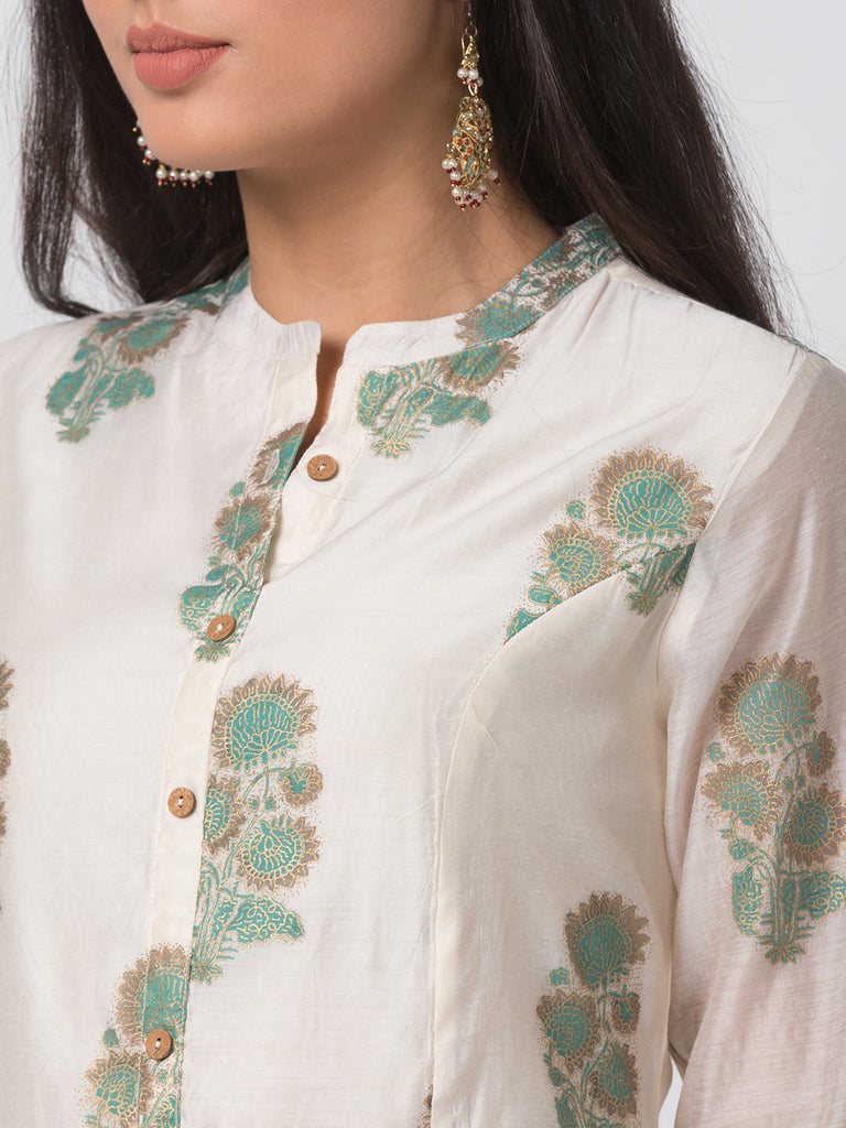Women A Line Three-Fourth Off White Kurta