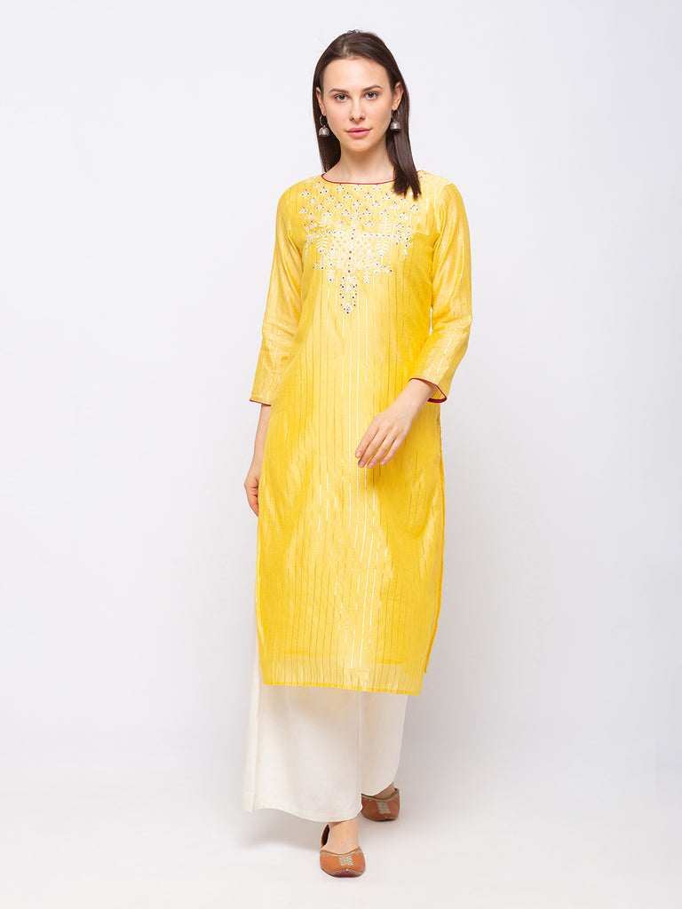 Chanderi Silk Women Yellow Kurta