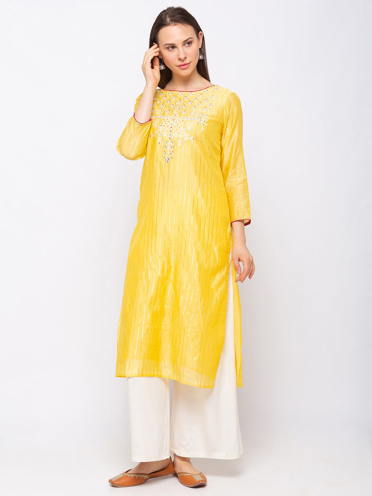 Chanderi Silk Women Yellow Kurta