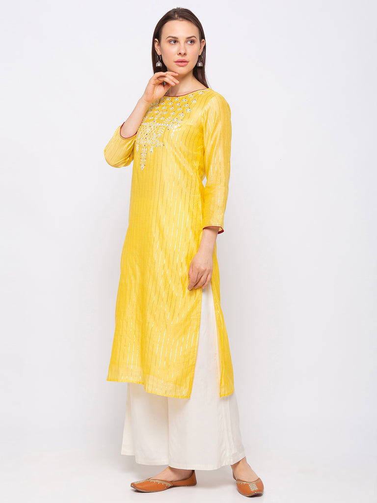 Chanderi Silk Women Yellow Kurta