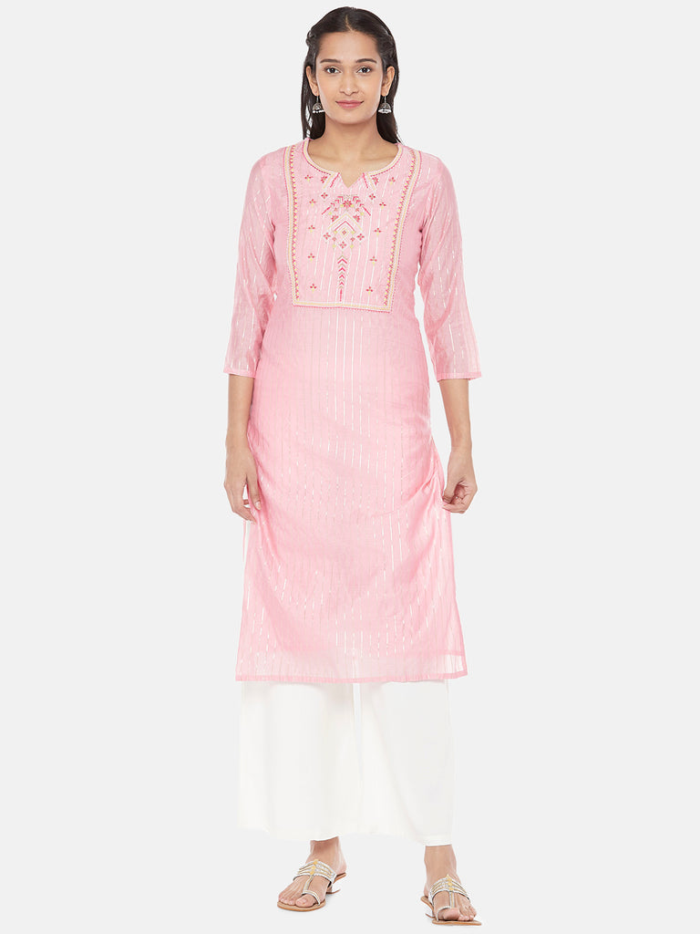 Chanderi Silk Three-Fourth Straight Women Pink Kurta