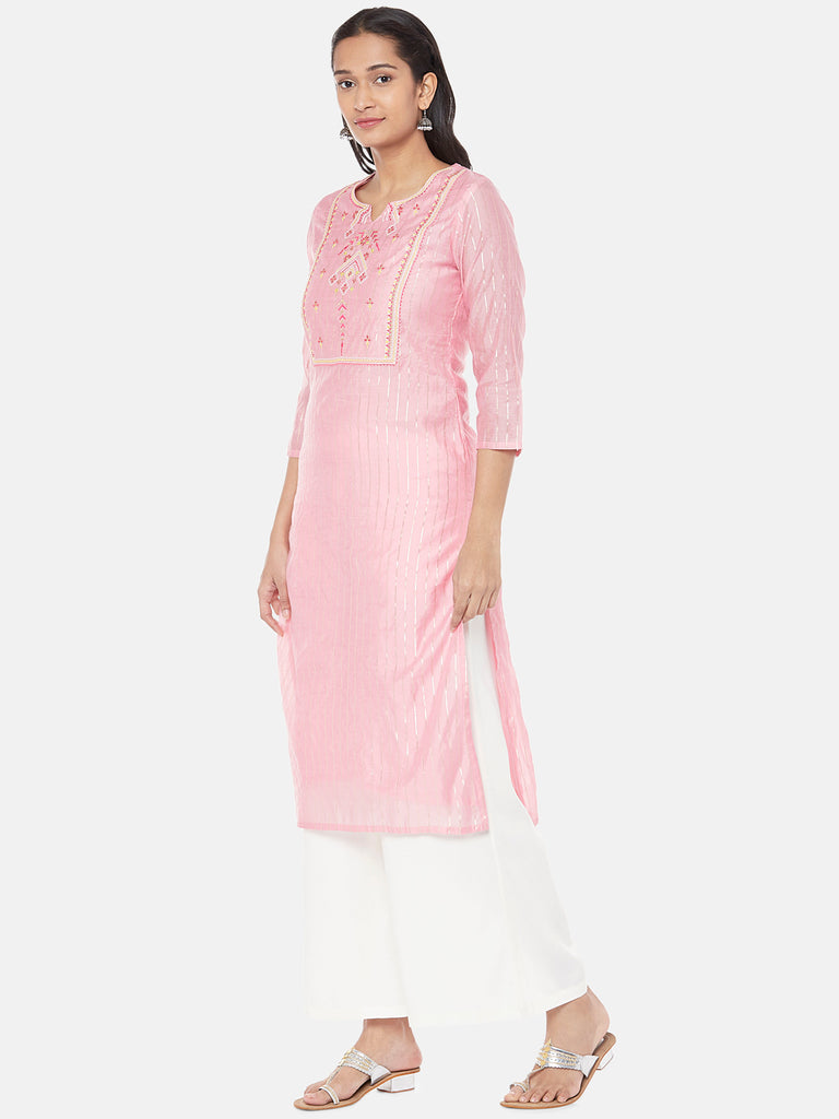 Chanderi Silk Three-Fourth Straight Women Pink Kurta
