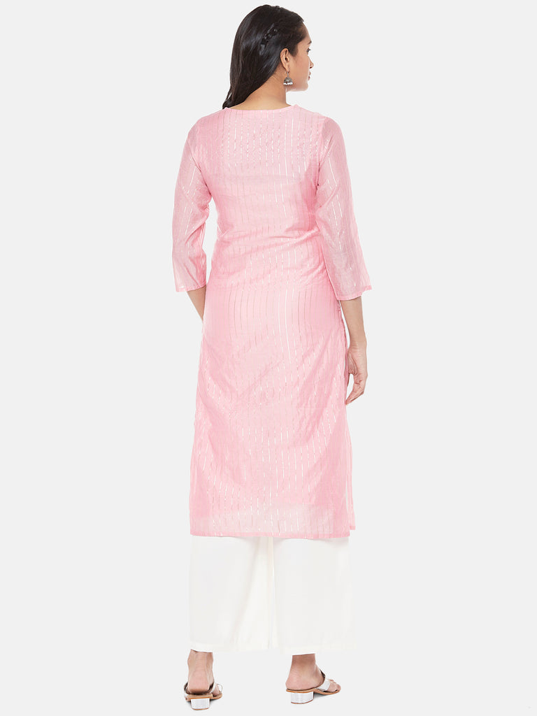 Chanderi Silk Three-Fourth Straight Women Pink Kurta