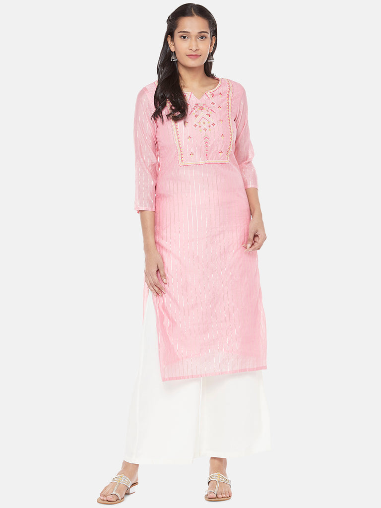 Chanderi Silk Three-Fourth Straight Women Pink Kurta