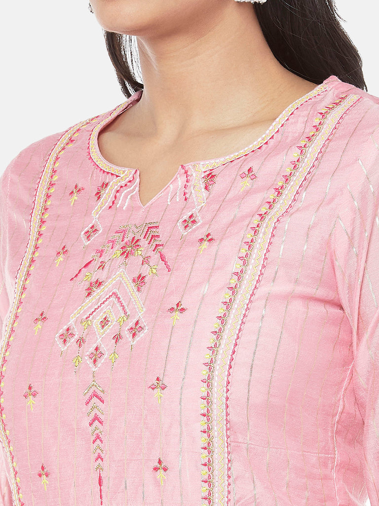 Chanderi Silk Three-Fourth Straight Women Pink Kurta