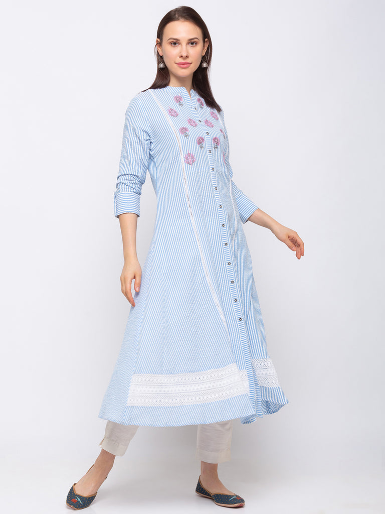 Fusion Cotton Women Blue Kurta